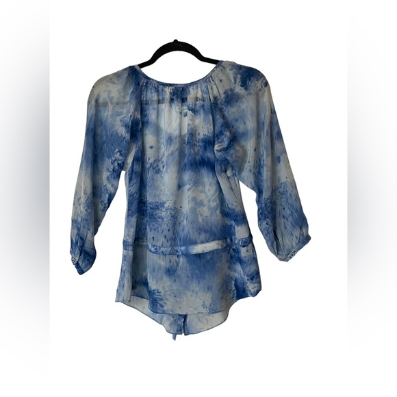 Rebecca Taylor size 2 silk blouse blue beige with waist tie to cinch - Picture 4 of 8